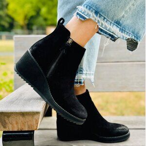 Sofft Ankle Booties Emeline Black Suede Wedge Boots Waterproof Leather Neutral